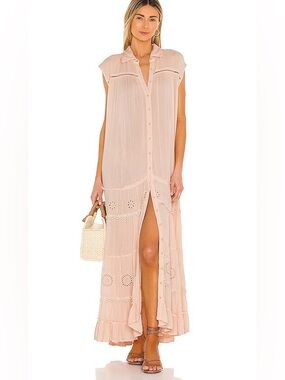 349. FREE PEOPLE Embroidered Blush Pink Pleated Maxi Dress Duster